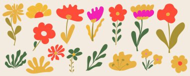 Çağdaş boho estetiği olan modern çiçek çizimi. Düz, el çizimi çiçekler turuncu, sarı, yeşil ve pembe renkte. Kırtasiye için mükemmel minimalist, organik bir tasarım.