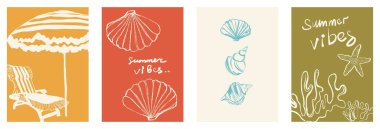 Minimalist retro kartpostallar Moda Pastel Tonlarında El Çizgisi Sanat ve Yaz Titreşimleri içerir. Vektör illüstrasyonu