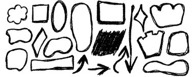 Retro Hand-Drawn Frames ve Arrows 'un desenli çizimleri siyah, beyaz ve gri renkli, yaratıcı hatıra defteri ve şenlik tasarımı için. Vektör illüstrasyonu