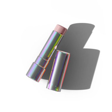 Yanardöner dudak merhemi açık şişe üst görünümü uzun gölge beyaz arkaplan izole