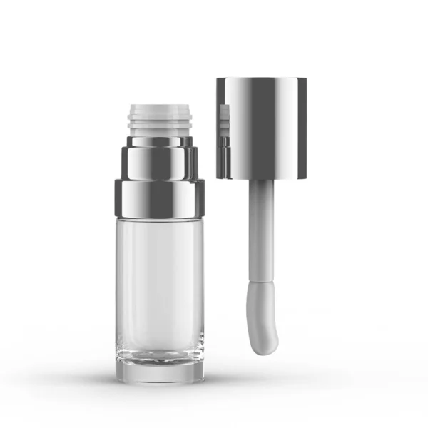 Silver Glas Läpp Olja Öppen Flaska Främre Isolerad Vit Bakgrund — Stockfoto