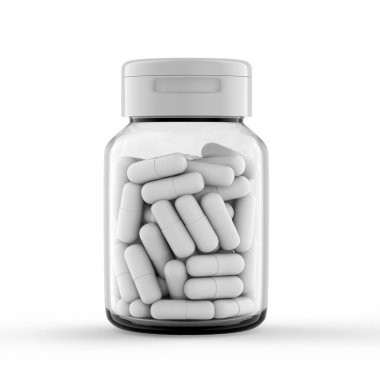 Beyaz Kapsül Tıbbi Konteynır Ön Görünümü İzole edilmiş Beyaz Arkaplan