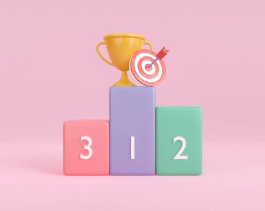 3D ödüllü şampiyon ödülü podyumda. Pembe arka planda izole. Spor ödülü sembolü. Başarının altın kazananı. 3d tasvir etme biçimi asgari düzeyde. kaide ödülleri töreni.