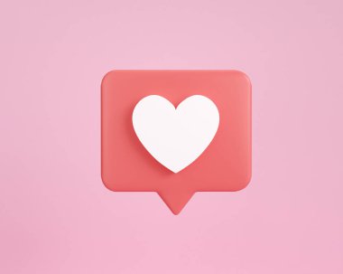 3 boyutlu kırmızı kalp sohbet baloncuğu oluştur. Pembe arka planda izole. Sosyal medya aşk sembolü. Mesaj romantik aşk ikonu. 3d tasvir etme biçimi asgari düzeyde. Sevgililer Günü posta tabelası.