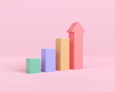 3D ok çubuğu grafiği pembe arka planda izole edilmiş başarıya ulaşır. Grafik yükselişi. İş finans istatistik ticareti. Piyasa trendleri ve yatırımlar. 3d resimleme.