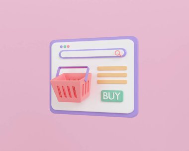 İnternet sitesi pembe arka planda 3D çevrimiçi alışveriş. E-ticaret konsepti. Ürünü sepete koy. Marketten mal al. Perakende mağazası web sayfası. 3d resimleme en düşük biçim.