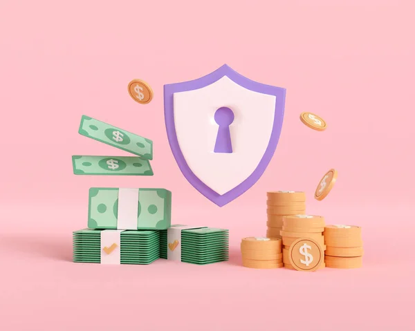 3D在粉红背景下在线保存和保护资金 硬币和防护罩 金融盗窃的银行担保 3D渲染说明极小 — 图库照片