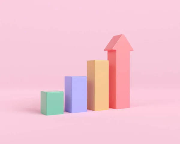 stock image 3d render arrow bar chart grow to success isolated on pink background. graphic rising achievement. business finance growth statistics trading. Market trends and investments. 3d rendering illustration.