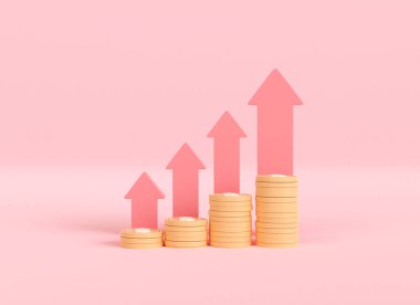 3D ok ve bozuk para yığını. İş finansmanı yatırım artışı. Ticaret artışı konsepti. 3d resimleme en düşük biçim.
