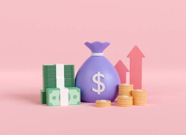 3 boyutlu para çantası ve para ve grafik artışı. İş finansmanı yatırım artışı. 3d resimleme en düşük biçim.