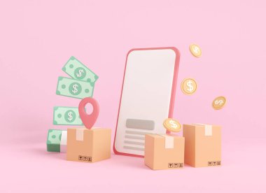 Akıllı telefon alışverişi ve ödemeyi parayla yapmak. Mobil kutu nakliyat ve madeni para. İnternet mağazası ve teslimat konsepti. 3d resimlemeyi en aza indir.
