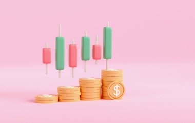 Üç boyutlu yatırım artışı ve madeni para yığını. Ticaret ve grafik ticari finans hisselerini tanıyordu. 3D çizim çizimi. metin için boşluk kopyala.