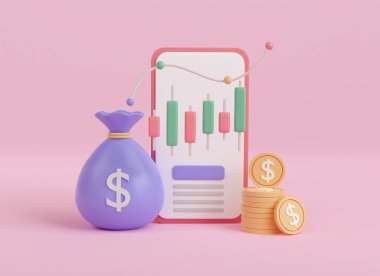 3D hisse senedini cep telefonu simgesinde madeni parayla değiş tokuş et. İş yatırımı gelir ve kar grafiği. Online bankacılık parası. 3d resimlemeyi en aza indir.