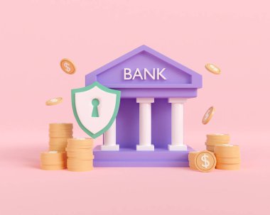 3D banka güvenliği pembe arka planda. Para biriktirme kavramı. İşlem bankacılığı çevrimiçi. Güvenli mevduat ve para çekme. Koruma ödemesi ve alışveriş. 3d resimleme.