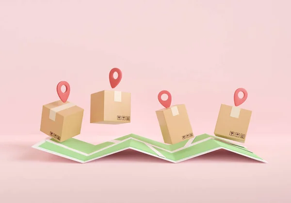 3d render box delivery and location pin. shopping and e-commerce concept. express logistics tracking on map. 3d rendering illustration minimal style.