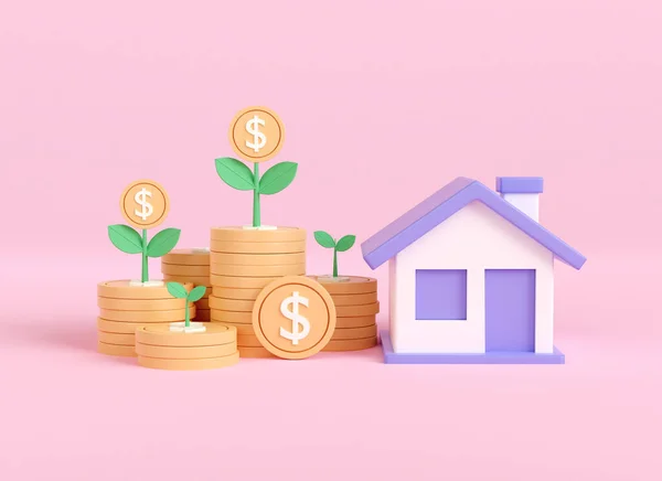 Rendern Münzstapel Hause Und Baumwachstum Sparen Sie Geld Für Hauskauf — Stockfoto