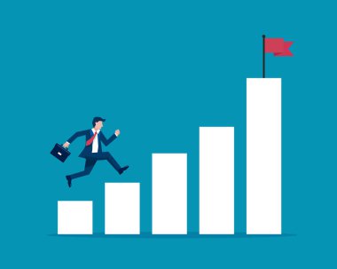 İşadamı kırmızı bayrağa atladı. Başarı için hedefe ulaş. Motivasyon grafiği iş büyüme sembolü. Mavi arka planda izole edilmiş. Düz stil modern tasarımda vektör illüstrasyonu.