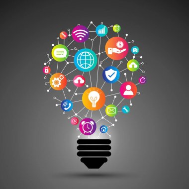 Ampul renginde ikon eğitimi ve okul konsepti. Elementlerin işaretiyle öğrenme ve çalışma. Vektör çizimi düz tasarım. Modern bilgi logosu ve piktogram. Siyah arkaplanda izole.