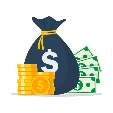 Para çantası, bozuk para ve banknot yığını. Para biriktirme kavramı. Beyaz arka planda izole edilmiş. Vektör çizimi modern şablon düz tasarım. Gelir ve kar sembolü.