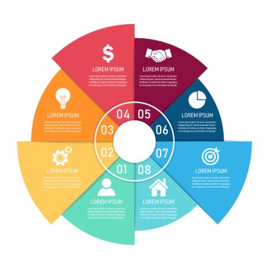 Sekiz adımlı sembollü modern bilgi sistemi. İş ve finans için düz tasarım kavramları. Beyaz arka planda izole edilmiş. Vektör çizimi. iş akışı düzeni, diyagram için kullanılabilir.