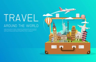 Open suitcase with landmarks. world bag and attraction. travel around the world. Road trip. Tourism and vacation. vector illustration in flat style modern design. clipart