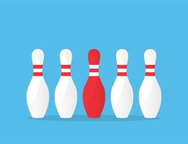 Mavi arka planda kırmızı ve beyaz bovling lobutları farklı. İş finans konsepti. Liderler ve başarı için farklı düşünceler. vektör çizimi modern düz tasarım.