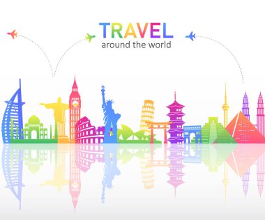 Renkli ünlü simgeler beyaz arka planda ufuk çizgisi. Dünyayı dolaş. Düz dizayn vektör illüstrasyonu. turizm ve ulaşım kavramı.