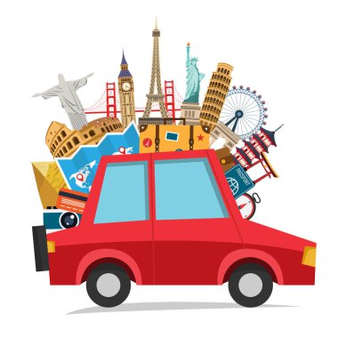 Retro araba ve mimari manzaralar. Yaz tatili. Dünyayı dolaş. Beyaz arka planda izole edilmiş. Düz stil modern tasarımda vektör illüstrasyonu.