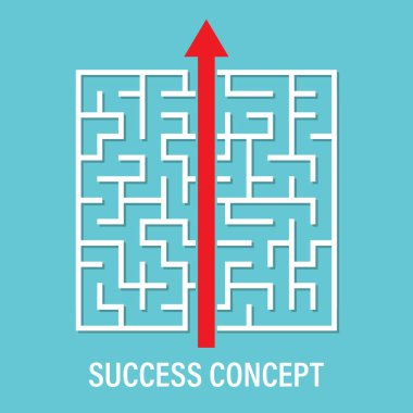 Kırmızı ok mavi arkaplandaki labirentten geçen kestirme yol. Gol için giriş ve çıkış. Başarı kavramı. Labirent bulmaca oyunu ve problem çözme