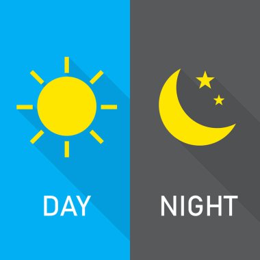 Gece ve gündüz gölgeler. Yıldızlı güneş ve ay. Düz tasarımda vektör illüstrasyonu. beyaz arkaplanda izole.