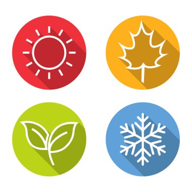 Yaz, Bahar, Sonbahar, Kış sezonu set sembolü. Uzun gölgeli dört mevsim ikonu. Düz stil modern tasarım vektör illüstrasyonu. beyaz arkaplanda izole.