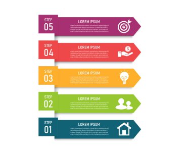 Beş basamaklı ok bilgi tasarım şablonu. İş ve finans kavramı. Vektör illüstrasyon sembolü modern düz tasarım. iş akışı düzeni, diyagram, web tasarımı için kullanılabilir.