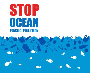 Okyanus plastik kirliliği kavramını durdur. Modern düz tasarım vektör çizimi. Balıklar plastik ve şişelerden gelen atık su yüzünden ölüyor. Çevre için plastik poşet kullanımının azaltılması.