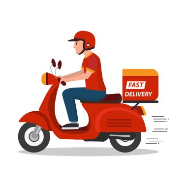 Kırmızı scooter kullanan adam beyaz arka planda izole edilmiş. Çevrimiçi restoran siparişi. E-ticaret konsepti. vektör çizimi düz tasarım.