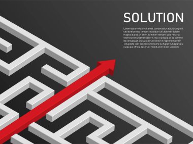 Labirentten çıkan kırmızı ok rotası. İş konsepti problem çözme ve çözüm stratejisi. Düz stil modern tasarım vektör illüstrasyonu. Mavi arkaplanda izole edilmiş.