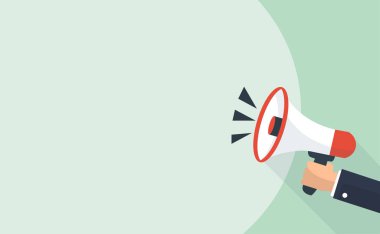 Yeşil arka planda fotokopi alanı olan el işadamı megafonu. Hoparlörlerle reklam yapıyorum. Düz tasarımda vektör illüstrasyonu.