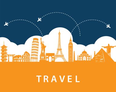 Arka planda simgeler olan seyahat konsepti. Turizm sektörü. Yolculuk. Seyahat tatili konsepti. Vektör illüstrasyonu modern düz tasarım.