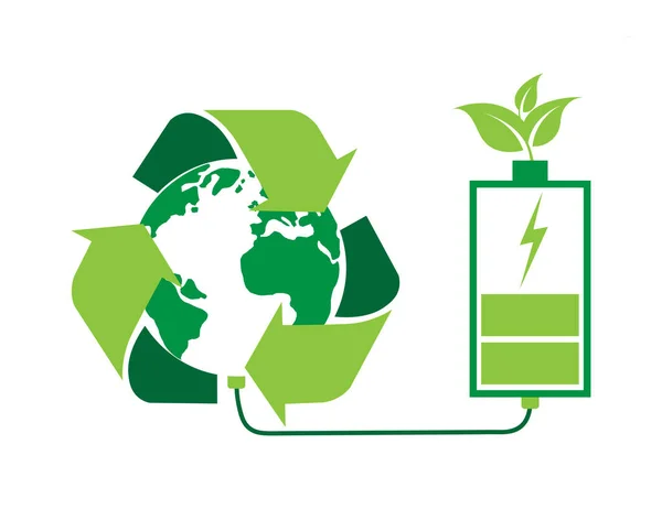 Πράσινη Μπαταρία Γήινη Σφαίρα Λευκό Φόντο Έννοια Power Plug Οικολογία — Διανυσματικό Αρχείο
