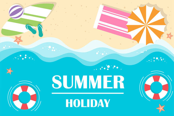 Happy summer holiday background. Top view of the beautiful beach with waves. Vector illustration in flat design.