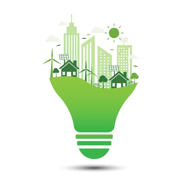 Groene Eco Stad Met Gloeilamp Witte Achtergrond Bespaar Energie Natuur — Stockvector