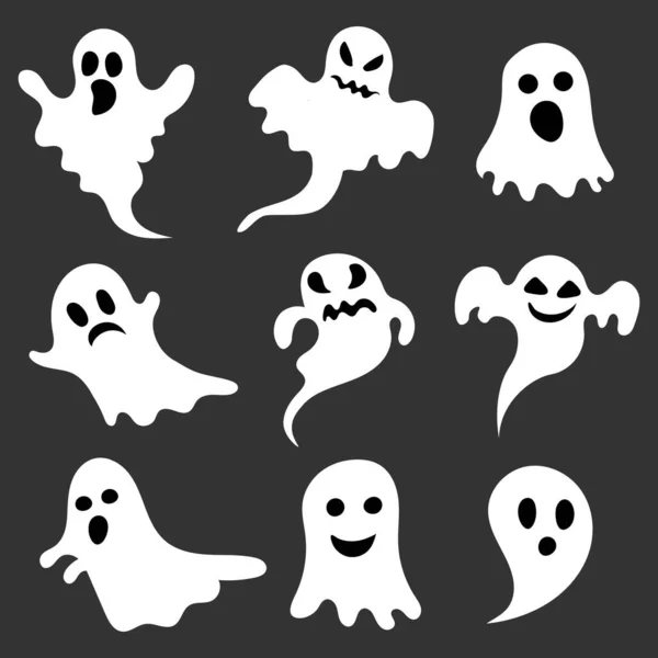 stock vector Scary white ghost characters set on black background. vector illustration in flat style modern design. happy Halloween day concept. holiday on 31 october.