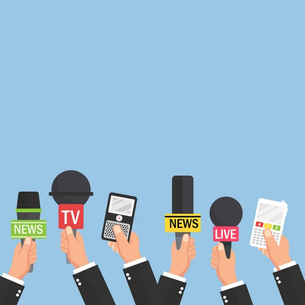 Mãos Segurando Microfones Gravadores Voz Digitais Conceito Jornalismo Conferência Imprensa —  Vetores de Stock