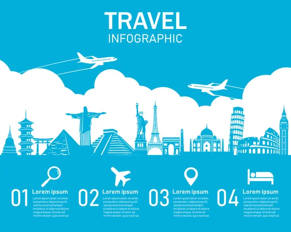 Reise Infografik Auf Blauem Hintergrund Berühmte Wahrzeichen Der Welt Wahrzeichen — Stockvektor