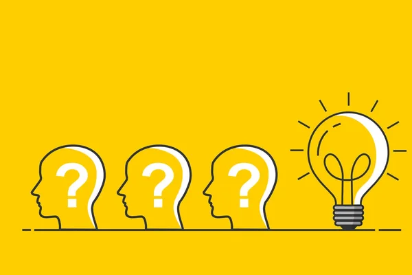 用灯泡符号直接询问人的头部 创意和创新的概念 解决黄色背景的问题 平面设计中的矢量插图 不同的想法 学习和教育 — 图库矢量图片