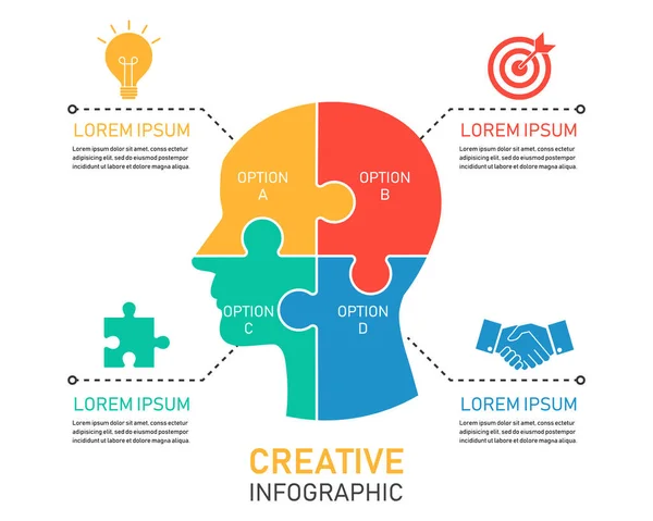 Ludzka Głowa Puzzle Układanki Połączone Infografika Kreatywnego Mózgu Elementami Koncepcja — Wektor stockowy