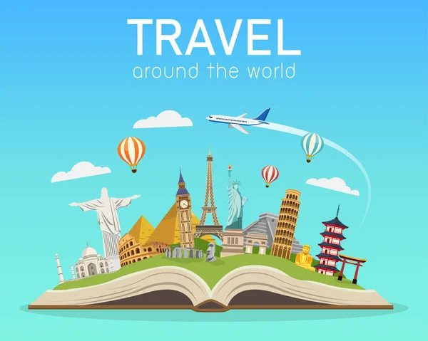 ランドマークで本を開きます 世界中を旅する 道路の旅 観光や休暇 休日の旅 青い背景に隔離されています ベクトル図をフラットスタイル現代的なデザイン — ストックベクタ