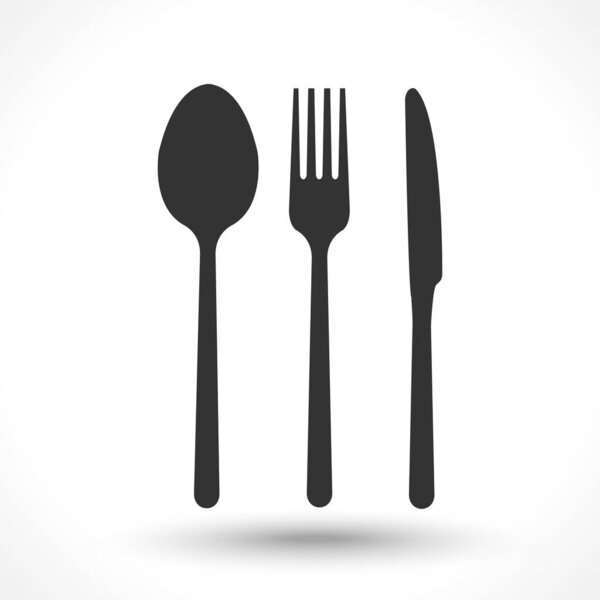 black spoon and fork knife icon. Isolated on white background.