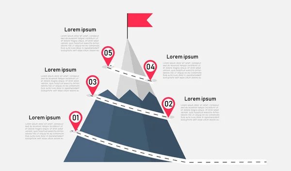 stock vector Route to the top of mountain infographic on white background. business journey path in progress to success. Mountain with red flag with 5 step. can be used for process, presentation, step diagram.