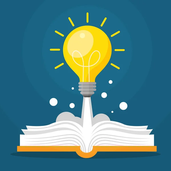 打开的书 闪亮的灯泡飞了出来 被蓝色背景隔离 矢量插图平面设计 创意的象征 教育和学习概念 思考和知识的标志 — 图库矢量图片