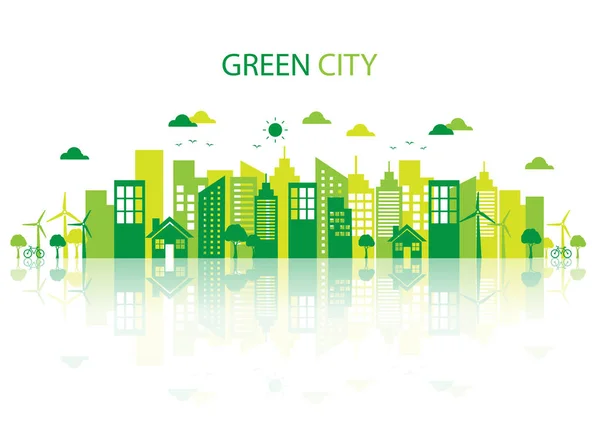 绿色城市的发展 拯救了以白色为背景的环境可持续生态概念 平面风格现代设计中的矢量图解 — 图库矢量图片